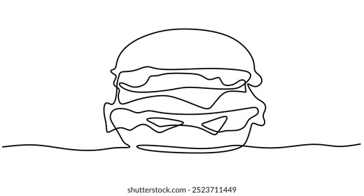 Desenho de linha contínua de um grande hambúrguer. Design minimalista destacando um fast food popular. Ilustração vetorial.