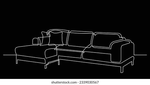continuous line drawing of large modern sectional sofa with cushions