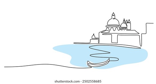 Continuous line drawing of a large mosque and lake. Minimalist architectural vector illustration.