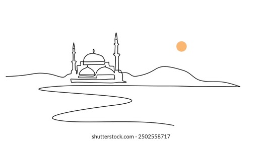 Continuous line drawing of a large mosque and mountain landscape. Depicts the scene in a single line style isolated on white.