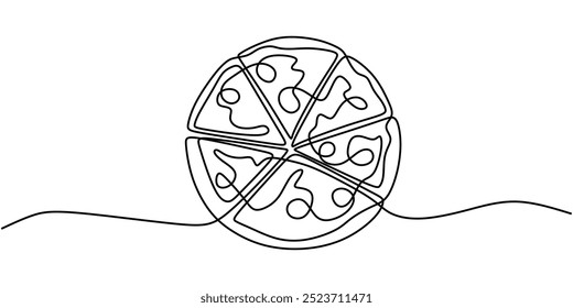 Kontinuierliche Linienzeichnung einer großen Pizza. Modernes und minimalistisches Design für ein klassisches Essen. Vektorgrafik.