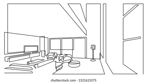 Continuous Line Drawing Of Large Spacious Living Room Area With Flat Screen Tv And Furniture