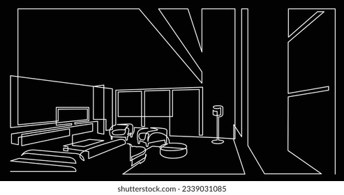 continuous line drawing of large spacious living room area with flat screen tv and furniture