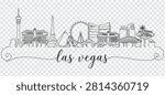 Continuous line drawing of the Las Vegas skyline featuring iconic landmarks like the Stratosphere, Eiffel Tower, Luxor pyramid, and the Welcome to Las Vegas sign.