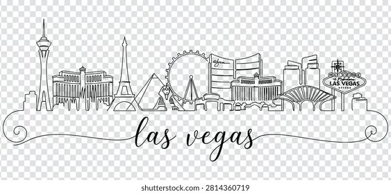 Continuous line drawing of the Las Vegas skyline featuring iconic landmarks like the Stratosphere, Eiffel Tower, Luxor pyramid, and the Welcome to Las Vegas sign.