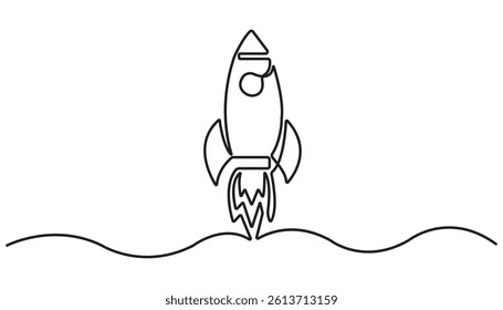 Continuous Line Drawing of a Launching Space Rocket space aircraft, Start Up Icon. Hand Drawn Symbol Vector Illustration