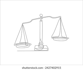 Continuous Line Drawing Of Law Balance And Scale Of Justice. One Line Of Symbol Of Equality. Balance Scales Continuous Line Art. Editable Outline.
