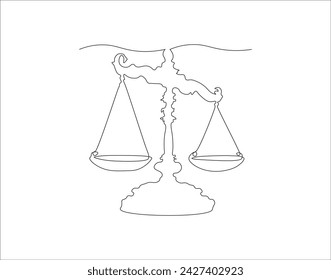 Continuous Line Drawing Of Law Balance And Scale Of Justice. One Line Of Symbol Of Equality. Balance Scales Continuous Line Art. Editable Outline.
