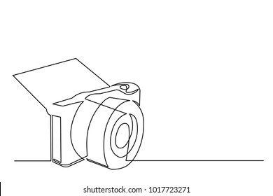 Continuous line drawing. Lazeless lightweight digital camera with a raised screen. Drawing by hand, black lines on a white background. Vector, icon, business card, logo.