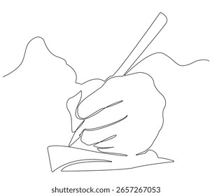 Continuous line drawing of left handed writing on paper. Single line illustration of left hand. left handed day concept. Editable outline