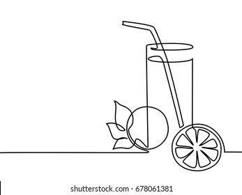 Continuous line drawing. Lemonade in a glass with lemon and orange. Vector illustration black line on white background.