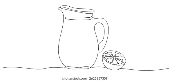 Linha contínua desenho limonada e meio limão no fundo branco. Ilustração de comida.