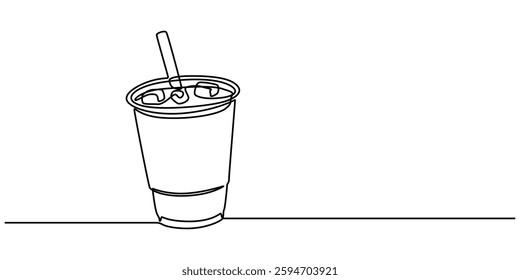 Continuous line drawing of lemonade ice lemon tea. One line art concept of beverage cafe menu. vector illustration, ice tea with ice,  fresh delicious lemonade ice with sliced lemon for restaurant. 