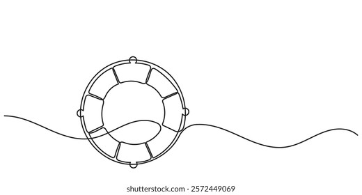 A continuous line drawing of lifebuoys, rescue belts, and an inflatable rubber ring with rope, symbolizing safety and assistance for drowning victims. the quick help a rescue ring provides, a single.