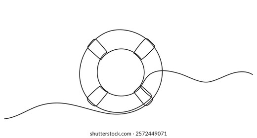 A continuous line drawing of lifebuoys, rescue belts, and an inflatable rubber ring with rope, symbolizing safety and assistance for drowning victims. the quick help a rescue ring provides, a single.