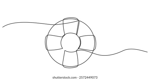 A continuous line drawing of lifebuoys, rescue belts, and an inflatable rubber ring with rope, symbolizing safety and assistance for drowning victims. the quick help a rescue ring provides, a single.