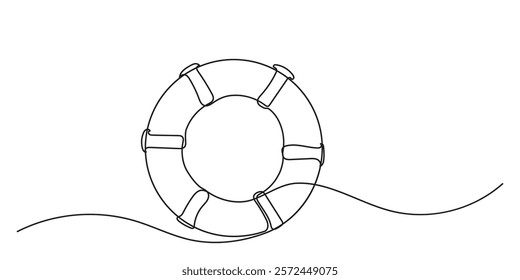 A continuous line drawing of lifebuoys, rescue belts, and an inflatable rubber ring with rope, symbolizing safety and assistance for drowning victims. the quick help a rescue ring provides, a single.