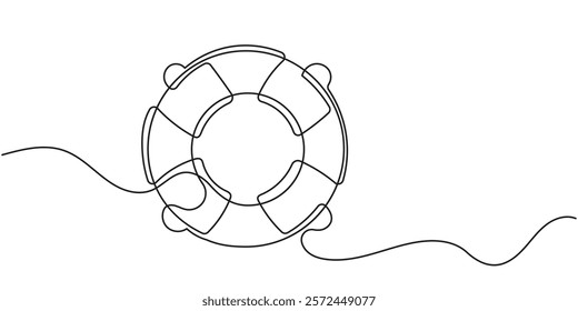 A continuous line drawing of lifebuoys, rescue belts, and an inflatable rubber ring with rope, symbolizing safety and assistance for drowning victims. the quick help a rescue ring provides, a single.