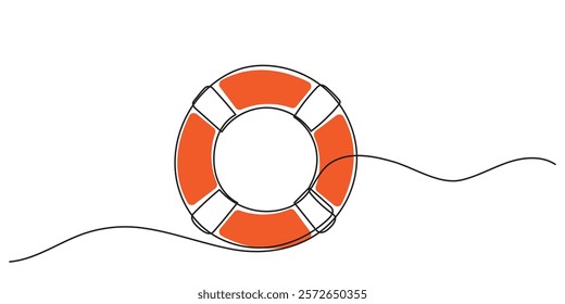 A continuous line drawing of lifebuoys, rescue belts, and an inflatable ring with rope, symbolizing safety and swift assistance for drowning victims. A rescue ring offers quick help in emergencies.