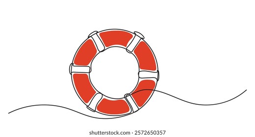 A continuous line drawing of lifebuoys, rescue belts, and an inflatable ring with rope, symbolizing safety and swift assistance for drowning victims. A rescue ring offers quick help in emergencies.