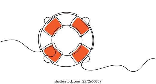 A continuous line drawing of lifebuoys, rescue belts, and an inflatable ring with rope, symbolizing safety and swift assistance for drowning victims. A rescue ring offers quick help in emergencies.