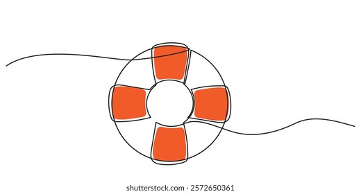 A continuous line drawing of lifebuoys, rescue belts, and an inflatable ring with rope, symbolizing safety and swift assistance for drowning victims. A rescue ring offers quick help in emergencies.