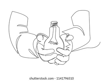 Continuous line drawing of a light bulb on hand Creative ideas, business line, creative illustration, vector