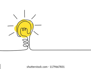 Continuous line drawing. Light bulb of a yellow business ideas concept. Vector illustrations
