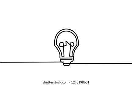 Continuous line drawing of light bulb. Lines black on white background. Vector illustration