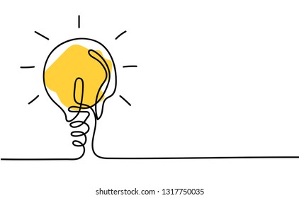 Continuous line drawing. Light bulb of a yellow business ideas concept. Vector illustrations
