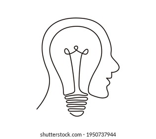 Continuous line drawing of light bulb idea symbol. Head and bulb outline illustration.