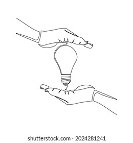 Continuous line drawing of light bulb and two palm hands as a symbol of ideas. Creative problem solving single one line art. Vector illustration
