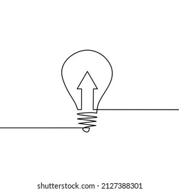 Continuous line drawing of light bulb with arrow, business growth, object one line, single line art, vector illustration