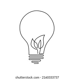dibujo continuo de la bombilla de luz con la hoja sobre fondo blanco.