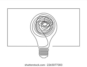 continuous line drawing of  light bulb with Chaos inside. Metaphor of disorganized difficult problem mess with single continuous tangle thread in need of unraveling,wrong, wrong idea