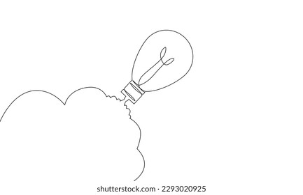 Continuous line drawing of light bulb. Flying to the space label. Technology icon, object one line, single line art, vector illustration