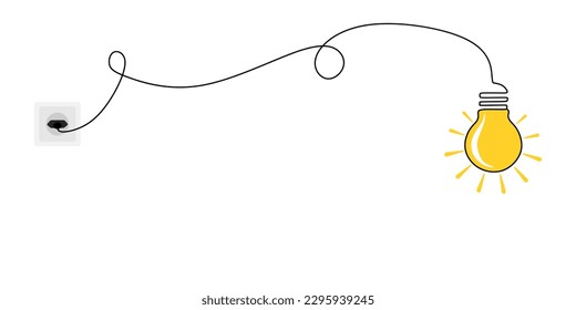 Continuous line drawing light bulb connected in a socket with a plug. One line luminous light bulb isolated on white background. Hand drawn creative idea. Vector illustration