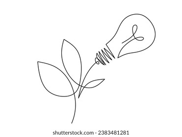 Continuous line drawing. Light bulb with leaf. Concept of sustainable power. Vector illustration isolated. Minimalist design handdrawn.