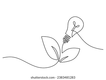 Dibujo continuo de líneas. Bombilla con hoja. Concepto de poder sostenible. Ilustración vectorial aislada. Diseño minimalista a mano.