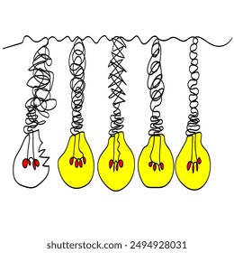 Continuous line drawing light bulb. Drawing of light bulbs linked with wires. Icon vector illustration