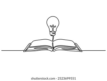 Continuous line drawing of a light bulb placed on a stack of books. Represents the fusion of illumination and learning in a clean artistic style.