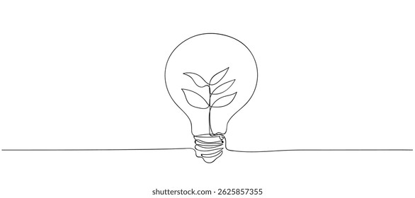 Desenho de linha contínua de uma lâmpada elétrica com um broto no interior sobre fundo branco. Conceito de energia limpa, proteção ambiental.