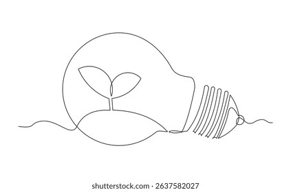 Continuous line drawing of light bulb with sprout seed plant growth. Green electric energy sketch art editable stroke vector illustration