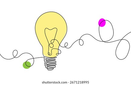 Continuous Line Drawing of Light Bulb and Curvy Wire Path – Concept of Innovation and Creativity