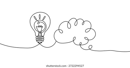 Dibujo continuo de una bombilla conectada a una nube de pensamiento, que simboliza la generación de ideas y la creatividad