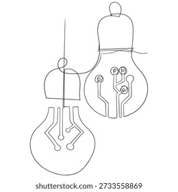 continuous line drawing light bulb with digital circuit illustration