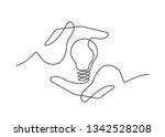 Continuous line drawing of lightbulb between two  human hands  as a symbol of ideas. Ceative problem solving. Result creative approach. Electric lamp in hand. Vector illustration