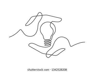 Continuous line drawing of lightbulb between two  human hands  as a symbol of ideas. Ceative problem solving. Result creative approach. Electric lamp in hand. Vector illustration