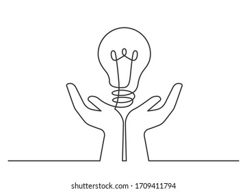 Continuous line drawing of lightbulb between two  human hands  as a symbol of ideas. Ceative problem solving. Result creative approach. Electric lamp in hand. Vector illustration