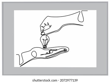 Continuous line drawing of lightbulb between two human hands as a symbol of ideas. Ceative problem solving. Result creative approach. Electric lamp in hand. Vector illustration